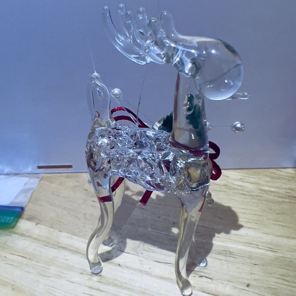 Handblown Clear Glass Rose Rudolph Reindeer Christmas Ornament 3.5x2in - Picture 4 of 10